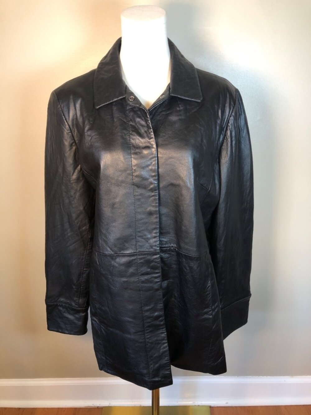 Vintage 90s Kathy Ireland Black Genuine Leather Jacket Car Coat Sz M Matrix Edgy